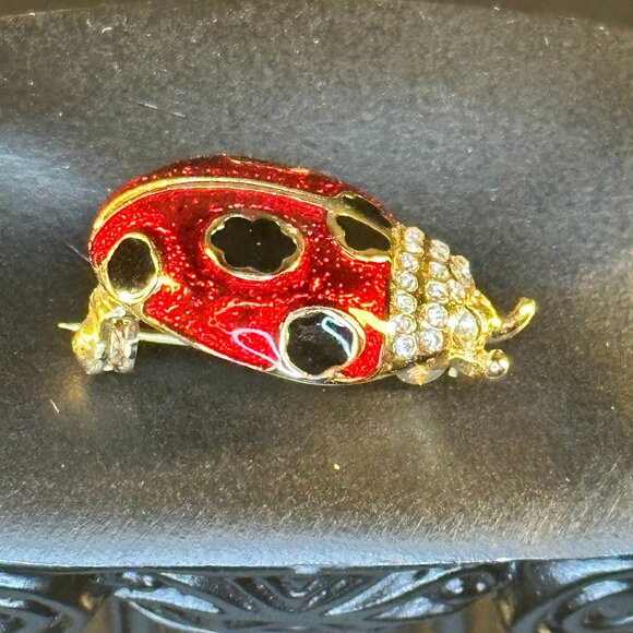 Vintage Gold Tone Ladybug Rhinestone Black White Red Brooch Pin Enamel - Picture 2 of 3